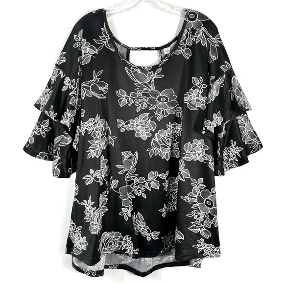 Stem & Vine Black & White Textured Floral Ruffle Sleeve Plus Size Blouse 2X - Picture 1 of 6
